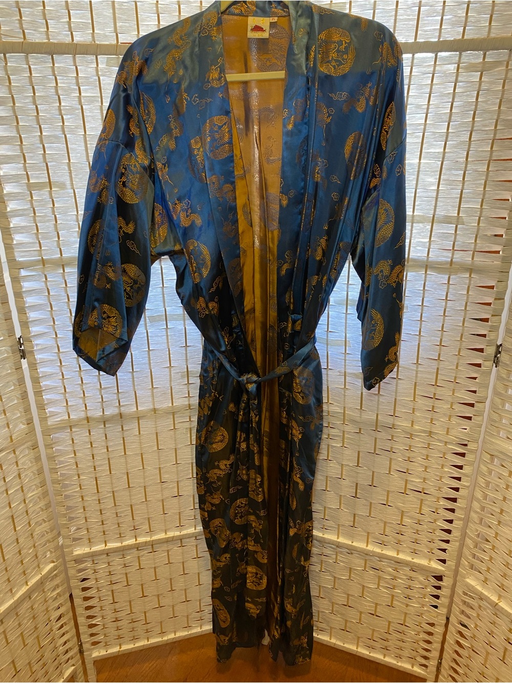 Da Hwa Blue/Gold Satin Drago Kimono robe belted with pockets tie V neck F2